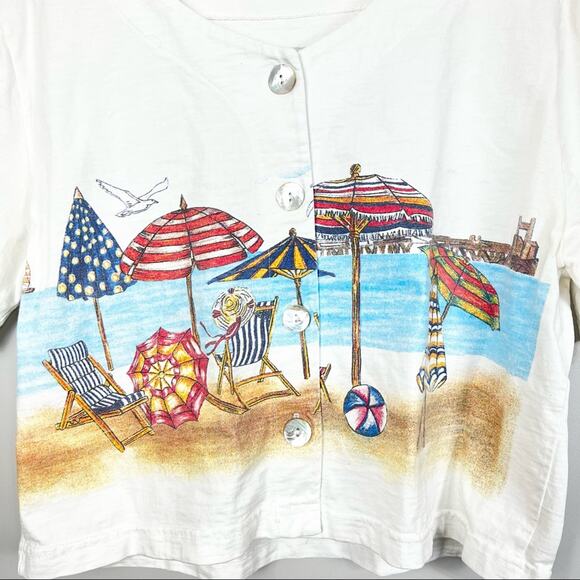 VINTAGE Y2K Go Nutz Beach Print Cotton Button Up T-Shirt Sz XL Coastal Grandma - Picture 3 of 8